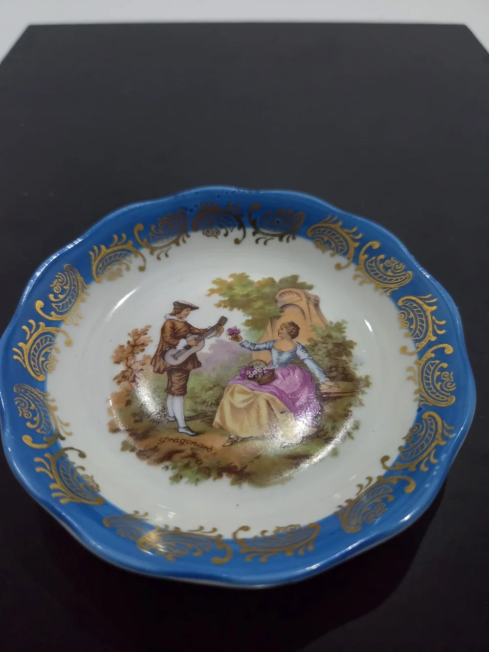 Antique Limoges France Fragonard Porcelain Trinket Dish Blue & Gold Accent 4